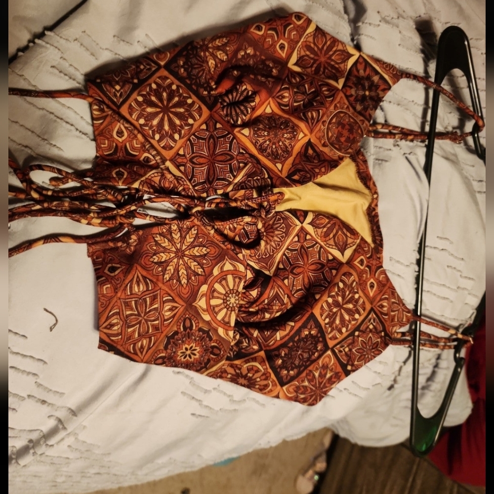 Orange/brown tie up crop top